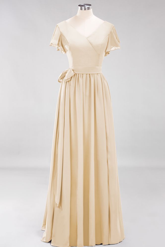 Elegant A-line V-Neck Short Sleeve Bridesmaid Dresses with Bow Sash Floor-Length Chiffon Evening Dress
