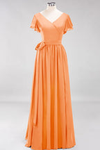 Elegante vestido de noche de gasa con escote en V, manga corta y lazo para dama de honor hasta el suelo.