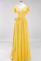 Elegante vestido de noche de gasa con escote en V, manga corta y lazo para dama de honor hasta el suelo.