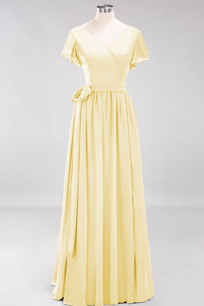 Elegante vestido de noche de gasa con escote en V, manga corta y lazo para dama de honor hasta el suelo.