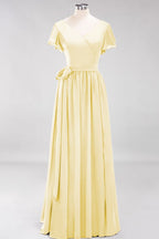 Elegante vestido de noche de gasa con escote en V, manga corta y lazo para dama de honor hasta el suelo.