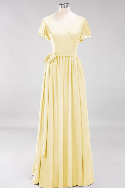 Elegant A-line V-Neck Short Sleeve Bridesmaid Dresses with Bow Sash Floor-Length Chiffon Evening Dress