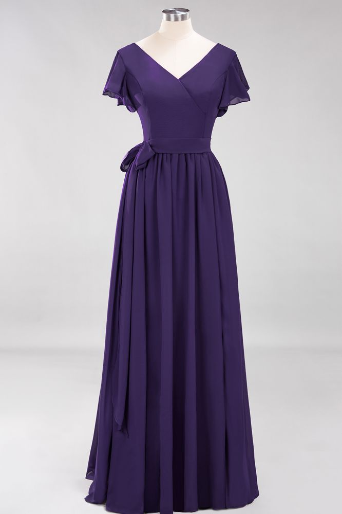 Elegant A-line V-Neck Short Sleeve Bridesmaid Dresses with Bow Sash Floor-Length Chiffon Evening Dress