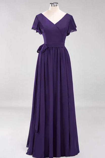 Elegant A-line V-Neck Short Sleeve Bridesmaid Dresses with Bow Sash Floor-Length Chiffon Evening Dress