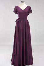 Elegante vestido de noche de gasa con escote en V, manga corta y lazo para dama de honor hasta el suelo.