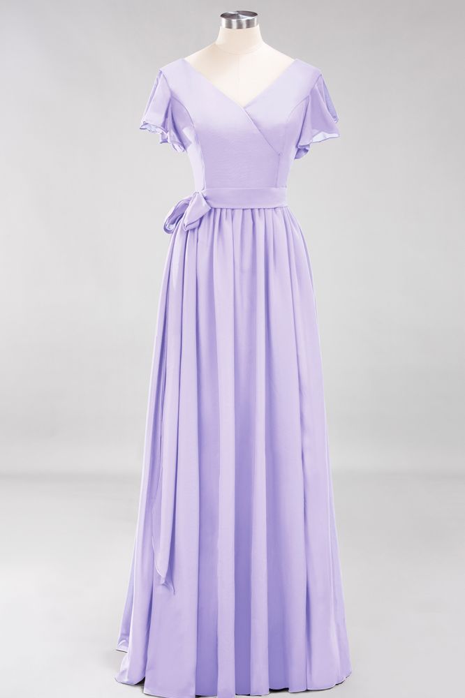 Elegante vestido de noche de gasa con escote en V, manga corta y lazo para dama de honor hasta el suelo.