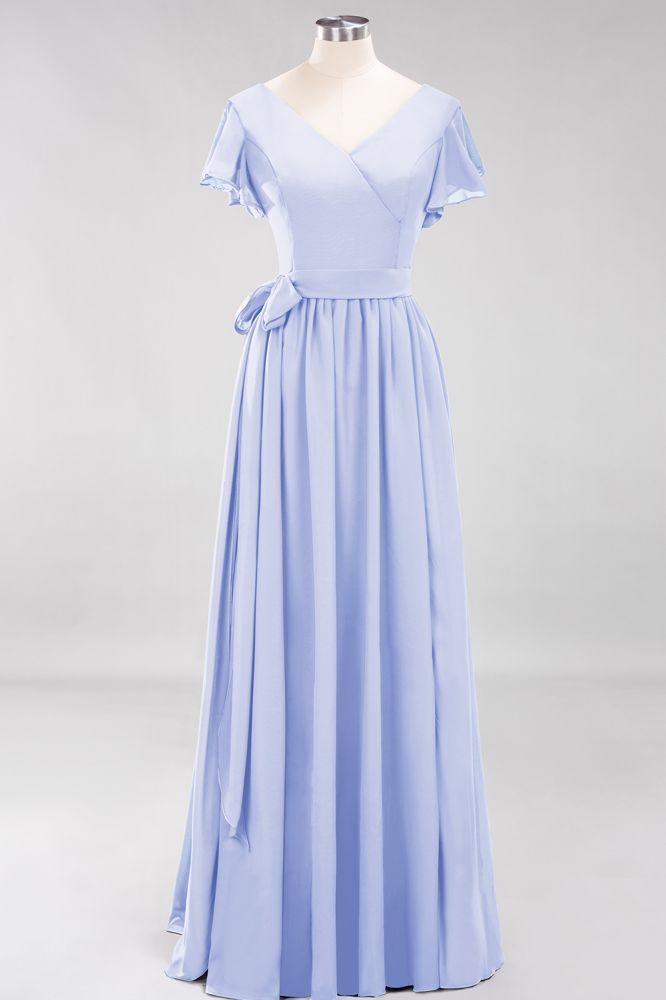 Elegante vestido de noche de gasa con escote en V, manga corta y lazo para dama de honor hasta el suelo.