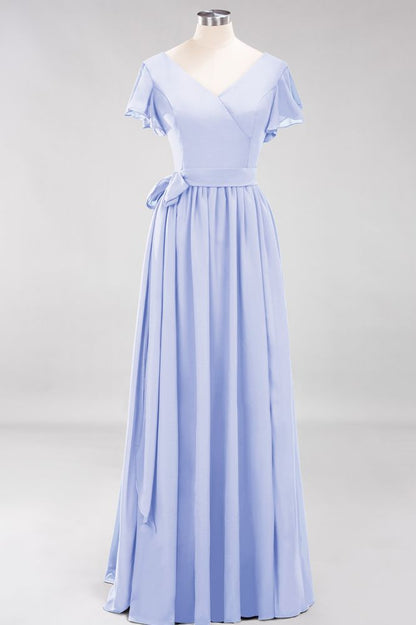 Elegant A-line V-Neck Short Sleeve Bridesmaid Dresses with Bow Sash Floor-Length Chiffon Evening Dress
