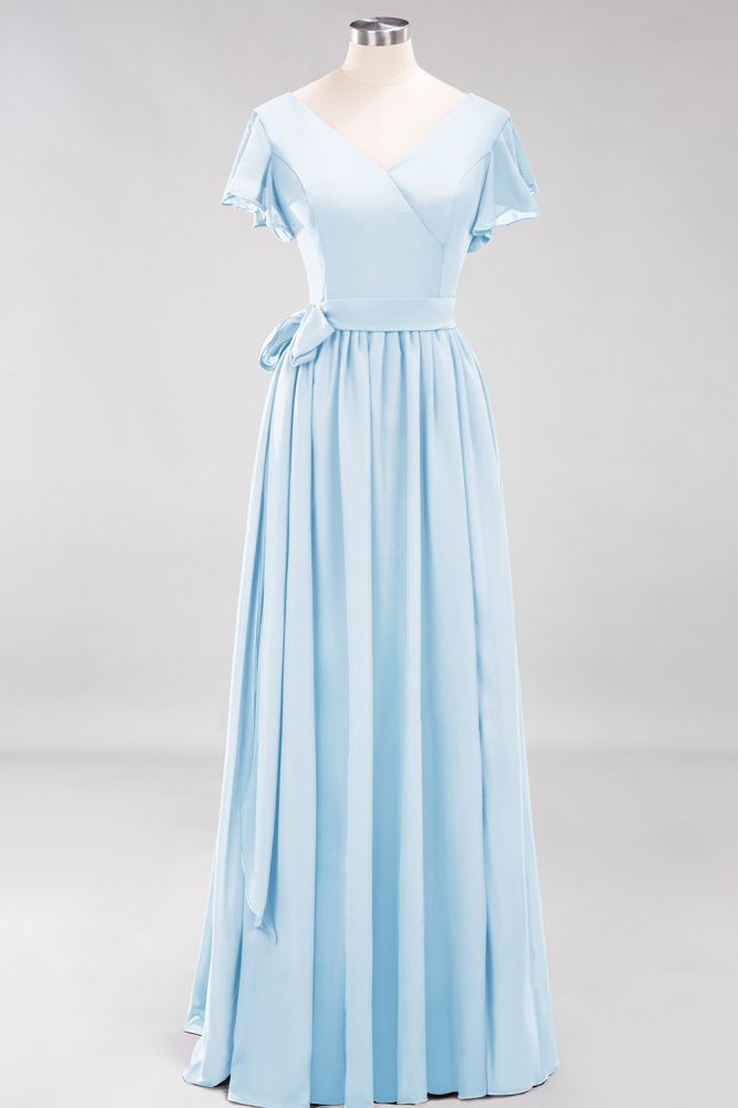 Elegante vestido de noche de gasa con escote en V, manga corta y lazo para dama de honor hasta el suelo.