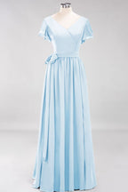 Elegante vestido de noche de gasa con escote en V, manga corta y lazo para dama de honor hasta el suelo.