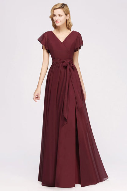 Elegant A-line V-Neck Short Sleeve Bridesmaid Dresses with Bow Sash Floor-Length Chiffon Evening Dress