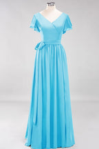 Elegante vestido de noche de gasa con escote en V, manga corta y lazo para dama de honor hasta el suelo.