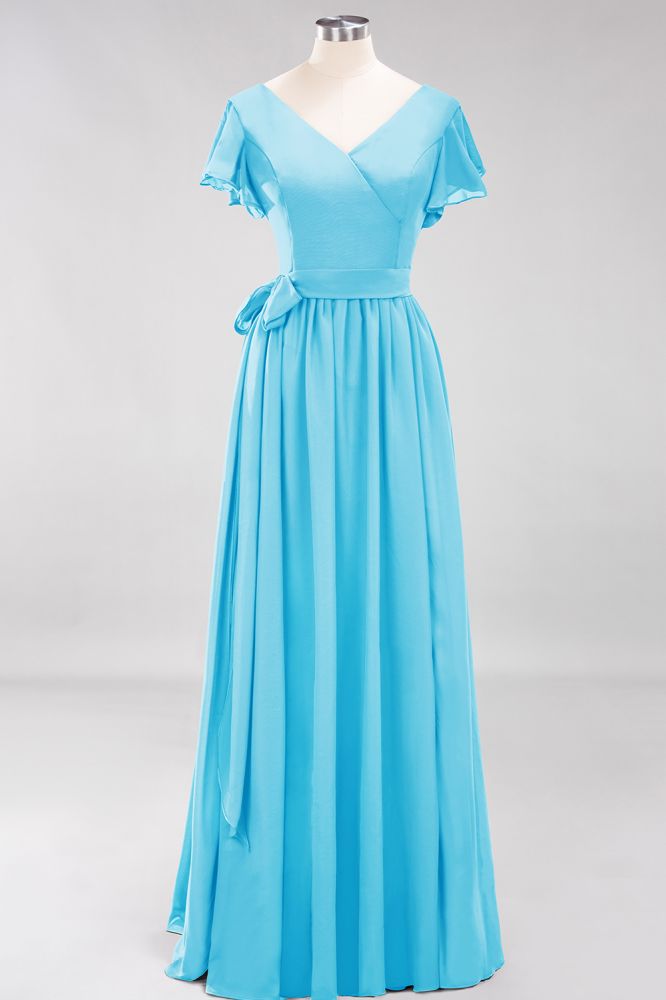 Elegante vestido de noche de gasa con escote en V, manga corta y lazo para dama de honor hasta el suelo.