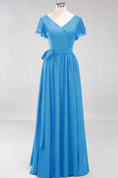 Elegant A-line V-Neck Short Sleeve Bridesmaid Dresses with Bow Sash Floor-Length Chiffon Evening Dress