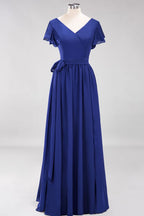 Elegante vestido de noche de gasa con escote en V, manga corta y lazo para dama de honor hasta el suelo.