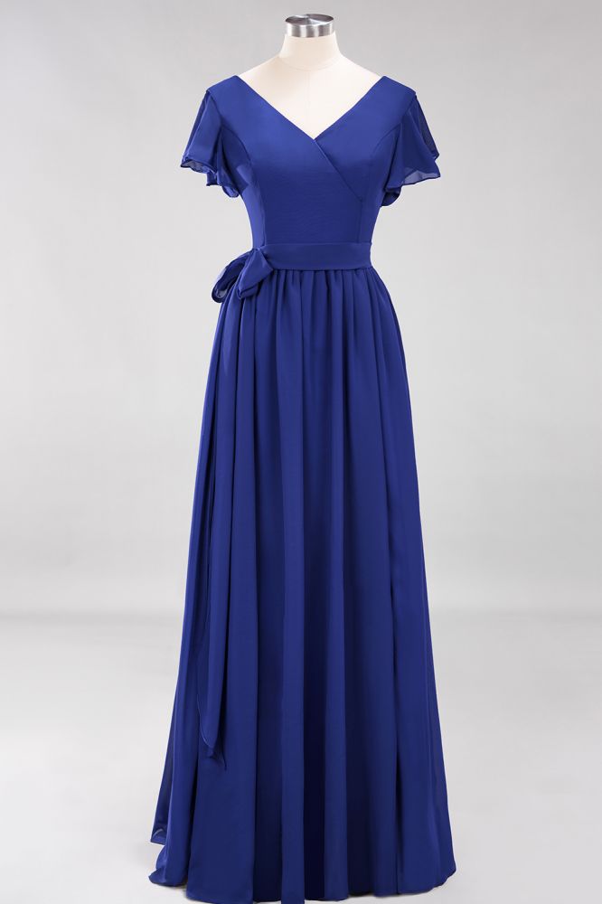 Elegante vestido de noche de gasa con escote en V, manga corta y lazo para dama de honor hasta el suelo.