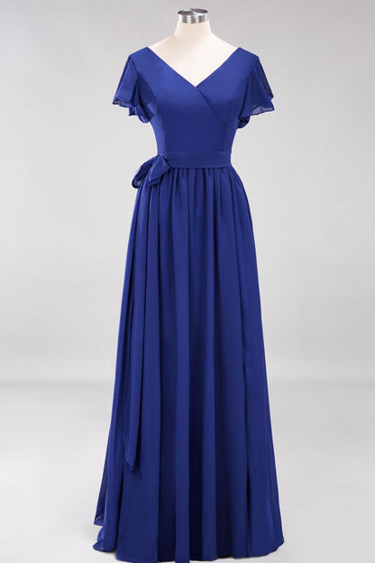 Elegant A-line V-Neck Short Sleeve Bridesmaid Dresses with Bow Sash Floor-Length Chiffon Evening Dress