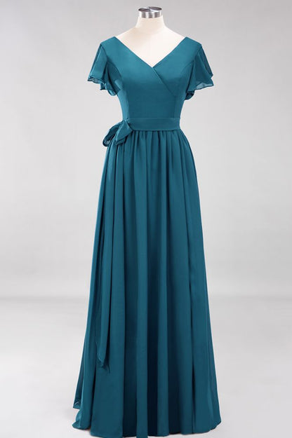 Elegant A-line V-Neck Short Sleeve Bridesmaid Dresses with Bow Sash Floor-Length Chiffon Evening Dress