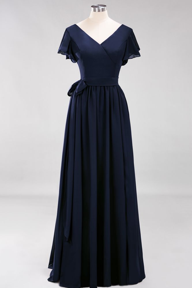 Elegante vestido de noche de gasa con escote en V, manga corta y lazo para dama de honor hasta el suelo.