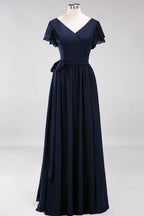 Elegante vestido de noche de gasa con escote en V, manga corta y lazo para dama de honor hasta el suelo.