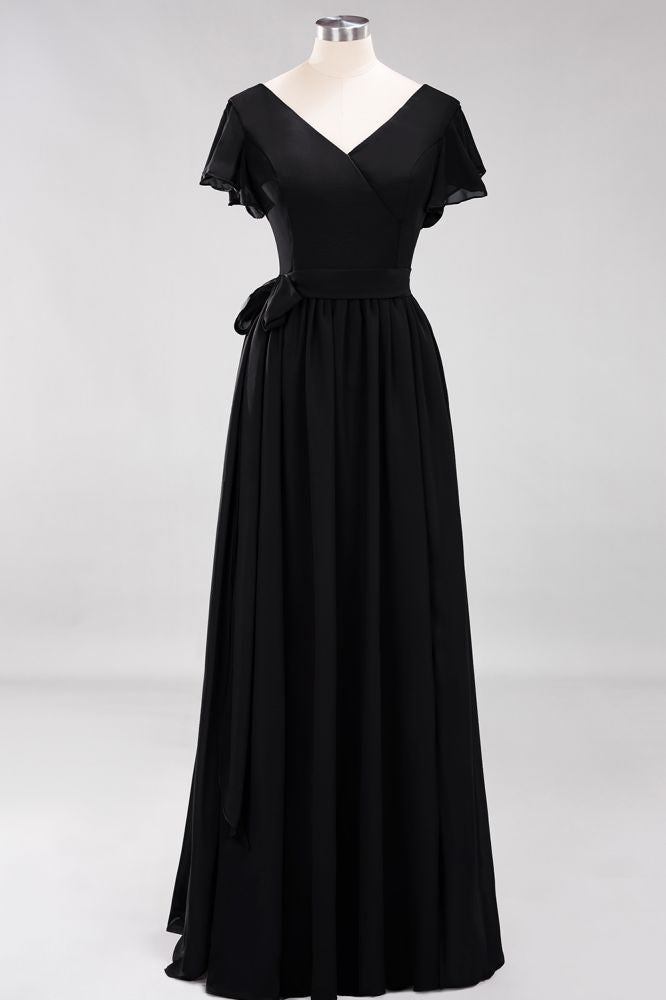 Elegante vestido de noche de gasa con escote en V, manga corta y lazo para dama de honor hasta el suelo.
