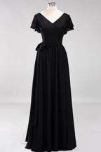 Elegante vestido de noche de gasa con escote en V, manga corta y lazo para dama de honor hasta el suelo.