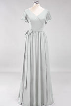 Elegante vestido de noche de gasa con escote en V, manga corta y lazo para dama de honor hasta el suelo.