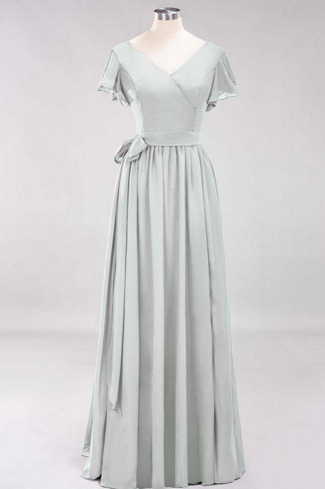 Elegante vestido de noche de gasa con escote en V, manga corta y lazo para dama de honor hasta el suelo.