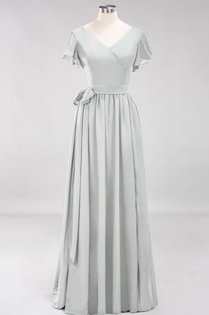 Elegant A-line V-Neck Short Sleeve Bridesmaid Dresses with Bow Sash Floor-Length Chiffon Evening Dress