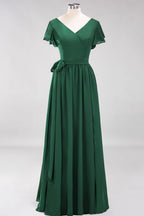 Elegante vestido de noche de gasa con escote en V, manga corta y lazo para dama de honor hasta el suelo.