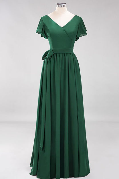 Elegant A-line V-Neck Short Sleeve Bridesmaid Dresses with Bow Sash Floor-Length Chiffon Evening Dress