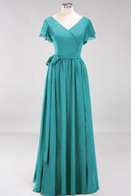 Elegante vestido de noche de gasa con escote en V, manga corta y lazo para dama de honor hasta el suelo.