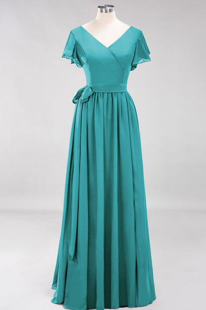 Elegant A-line V-Neck Short Sleeve Bridesmaid Dresses with Bow Sash Floor-Length Chiffon Evening Dress