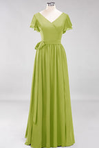 Elegante vestido de noche de gasa con escote en V, manga corta y lazo para dama de honor hasta el suelo.