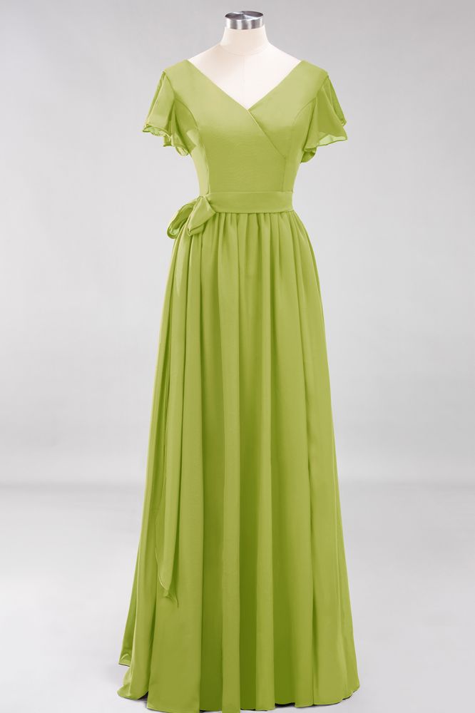 Elegante vestido de noche de gasa con escote en V, manga corta y lazo para dama de honor hasta el suelo.