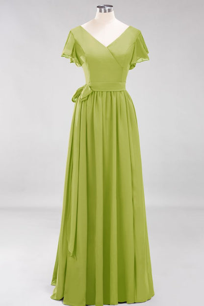 Elegant A-line V-Neck Short Sleeve Bridesmaid Dresses with Bow Sash Floor-Length Chiffon Evening Dress