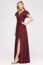 Elegante vestido de noche de gasa con escote en V, manga corta y lazo para dama de honor hasta el suelo.