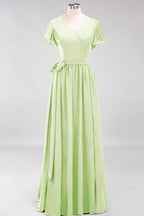Elegante vestido de noche de gasa con escote en V, manga corta y lazo para dama de honor hasta el suelo.