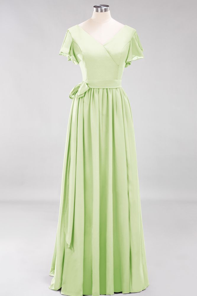 Elegant A-line V-Neck Short Sleeve Bridesmaid Dresses with Bow Sash Floor-Length Chiffon Evening Dress