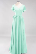 Elegante vestido de noche de gasa con escote en V, manga corta y lazo para dama de honor hasta el suelo.