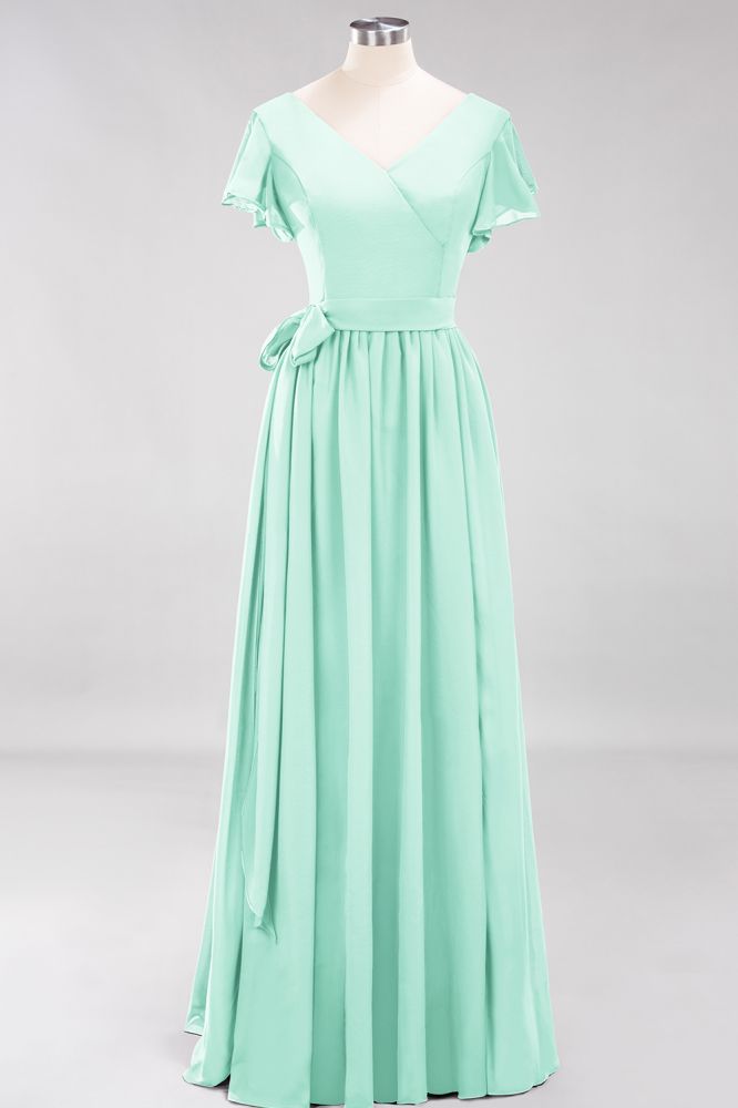 Elegante vestido de noche de gasa con escote en V, manga corta y lazo para dama de honor hasta el suelo.