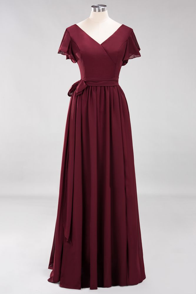 Elegante vestido de noche de gasa con escote en V, manga corta y lazo para dama de honor hasta el suelo.