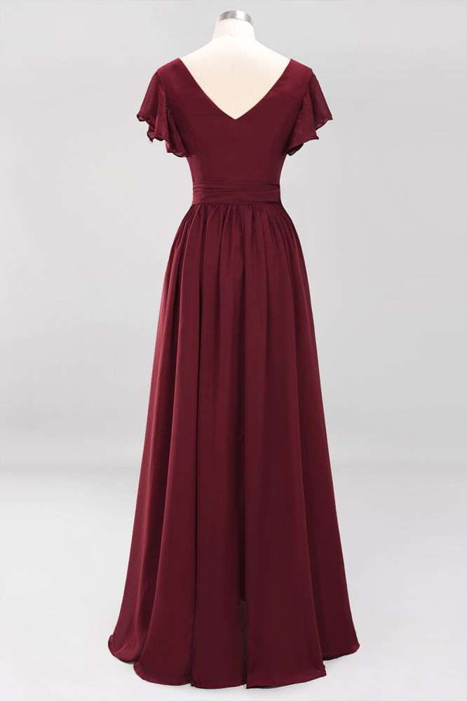 Elegante vestido de noche de gasa con escote en V, manga corta y lazo para dama de honor hasta el suelo.