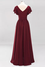 Elegante vestido de noche de gasa con escote en V, manga corta y lazo para dama de honor hasta el suelo.