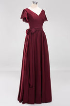 Elegante vestido de noche de gasa con escote en V, manga corta y lazo para dama de honor hasta el suelo.