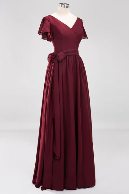 Elegant A-line V-Neck Short Sleeve Bridesmaid Dresses with Bow Sash Floor-Length Chiffon Evening Dress