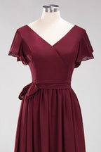 Elegante vestido de noche de gasa con escote en V, manga corta y lazo para dama de honor hasta el suelo.