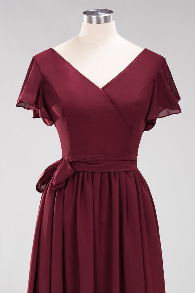 Elegante vestido de noche de gasa con escote en V, manga corta y lazo para dama de honor hasta el suelo.