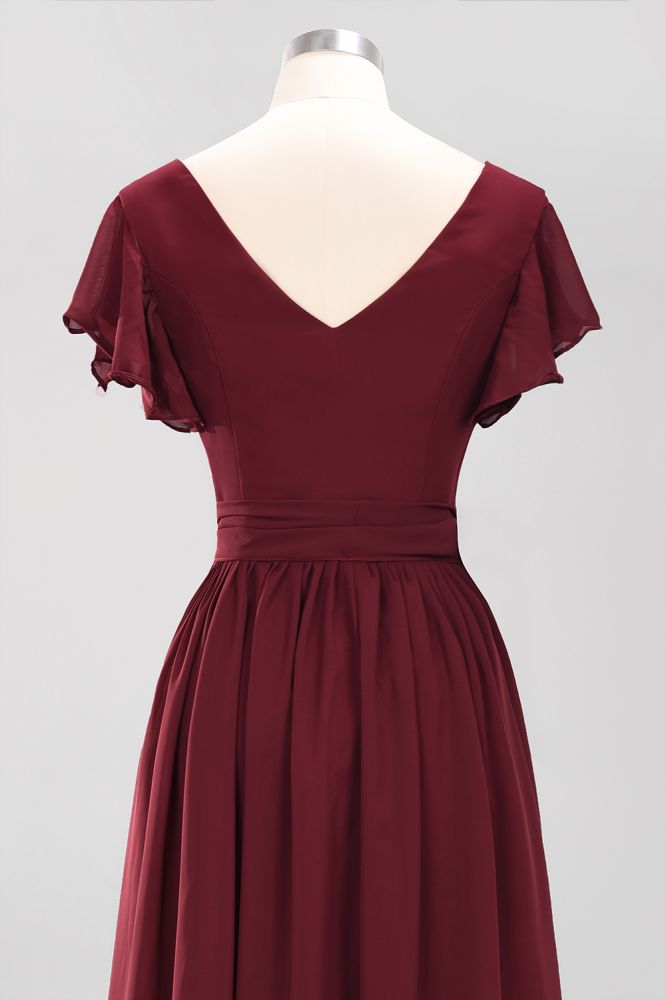 Elegante vestido de noche de gasa con escote en V, manga corta y lazo para dama de honor hasta el suelo.