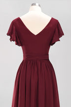 Elegante vestido de noche de gasa con escote en V, manga corta y lazo para dama de honor hasta el suelo.